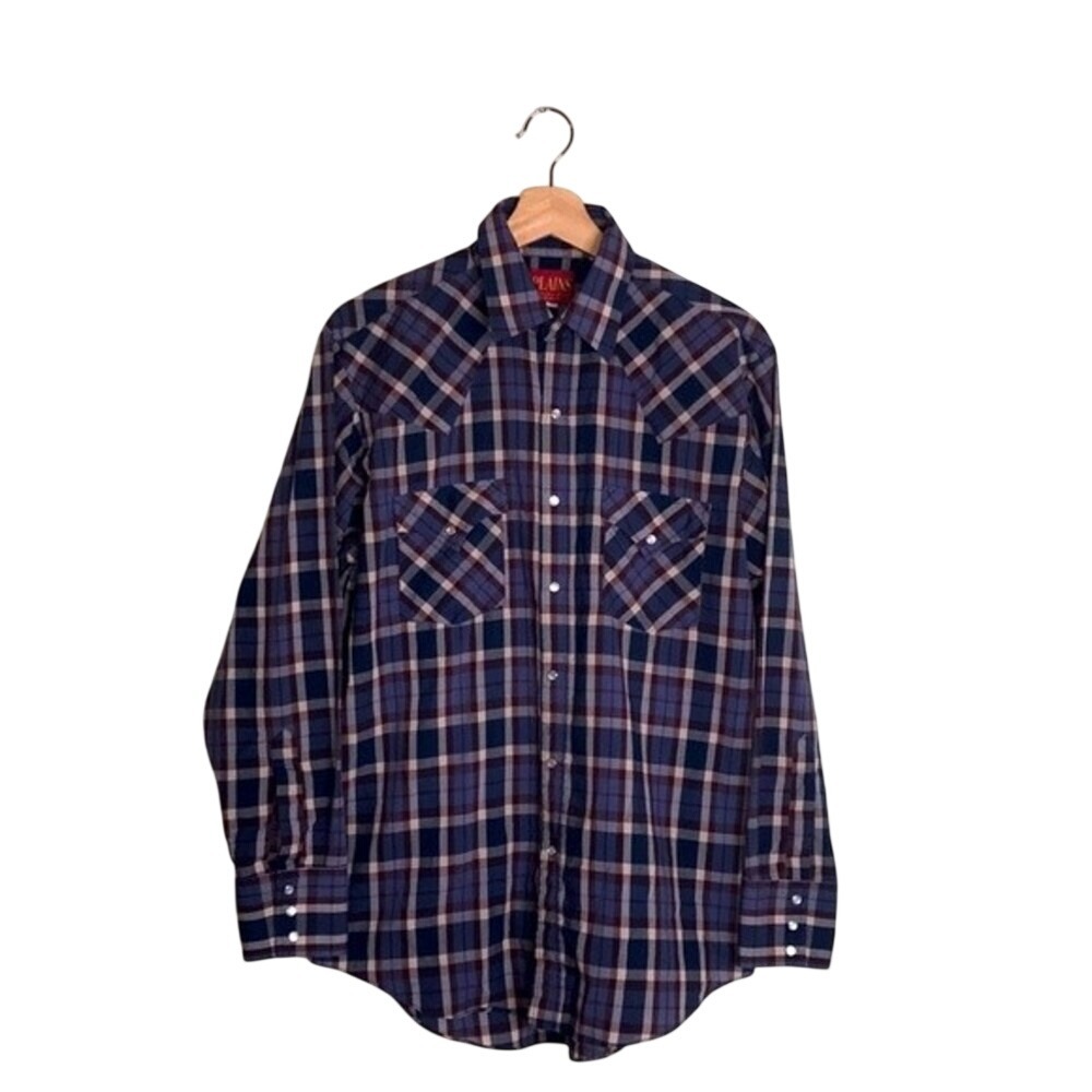 Plains Men's Western Wear Pearl Snap Plaid Long Sleeve Button Down Shirt Size M